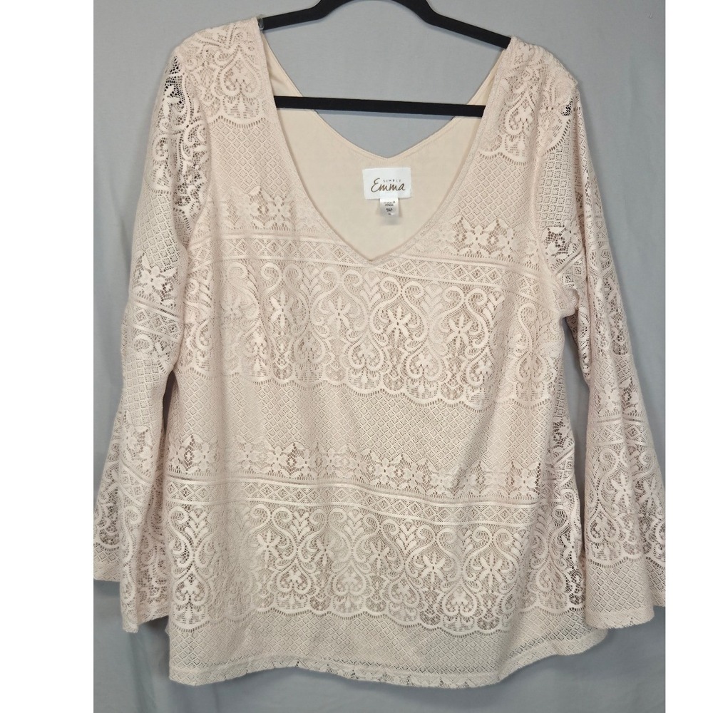 Simply Emma Lace Top Womens 1X Pink Excellent Bell Sleeve V-Neck Blouse Modern